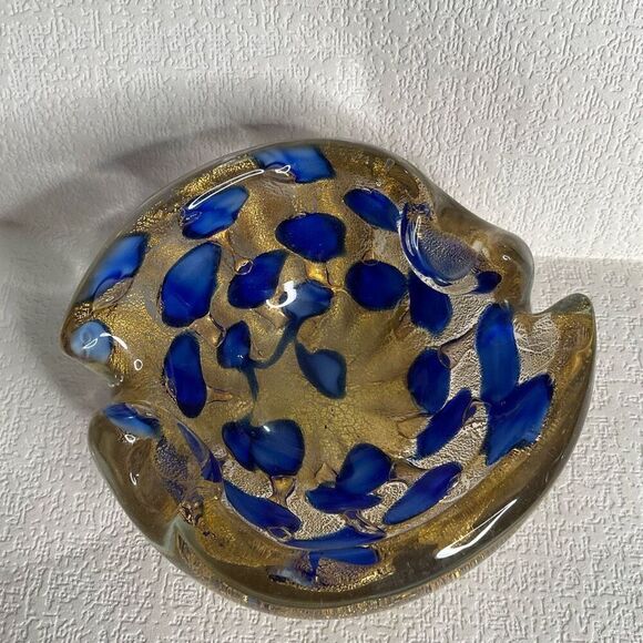 Vintage 1950s Vibrant Cobalt Blue and Gold Murano Ashtray Bowl by Barovier and T - Picture 11 of 11